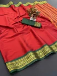 FANCY COTTON BORDER WITH CHITT PALLU WORK SAREE WITH UNSTITCHED BLOUSE RED