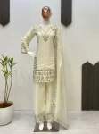 FANCY GEORGETTE EMBROIDERY WITH REAL MIRROR WORK TOP PALAZZO WITH DUPATTA OFF WHITE