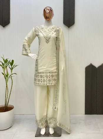 FANCY GEORGETTE EMBROIDERY WITH REAL MIRROR WORK TOP PALAZZO WITH DUPATTA OFF WHITE