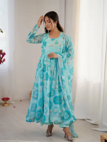 FANCY GEORGETTE FLORAL PRINT WORK GOWN BOTTOM WITH DUPATTA SKY