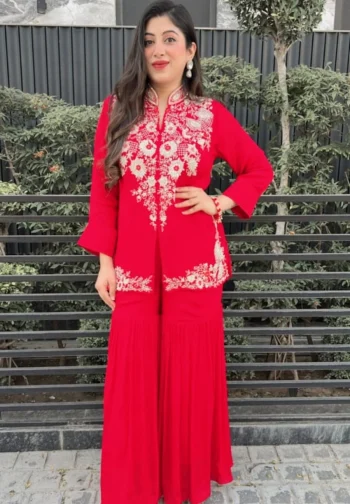 FANCY GEORGETTE MULTI-THREAD EMBROIDERY + SEQUENCE WORK TOP AND SHARARA SET RANI