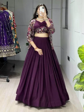 FANCY GEORGETTE PLAIN LEHENGA WITH DIGITAL PRINTED CHOLI AND KOTI WINE
