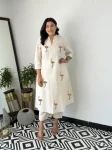 FANCY KHADI COTTON EMBROIDERY HANDCRAFTED DUCK DESIGN WORK CO-ORD SET OFF WHITE AND ORANGE