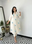 FANCY KHADI COTTON EMBROIDERY HANDCRAFTED DUCK DESIGN WORK CO-ORD SET OFF WHITE AND SKY