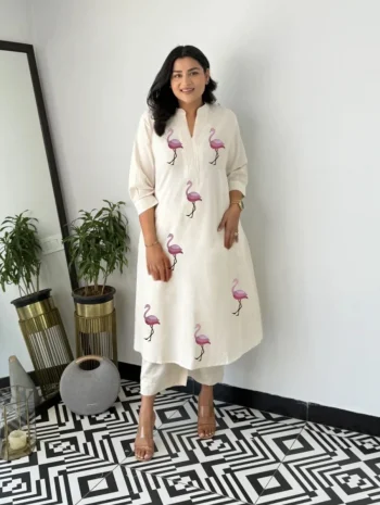 FANCY KHADI COTTON EMBROIDERY HANDCRAFTED DUCK DESIGN WORK CO-ORD SET OFF WHITE AND PURPLE