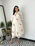 FANCY KHADI COTTON EMBROIDERY HANDCRAFTED DUCK DESIGN WORK CO-ORD SET OFF WHITE AND WINE