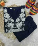 FANCY KHADI COTTON EMBROIDERY WORK TOP BOTTOM SET NAVY BLUE