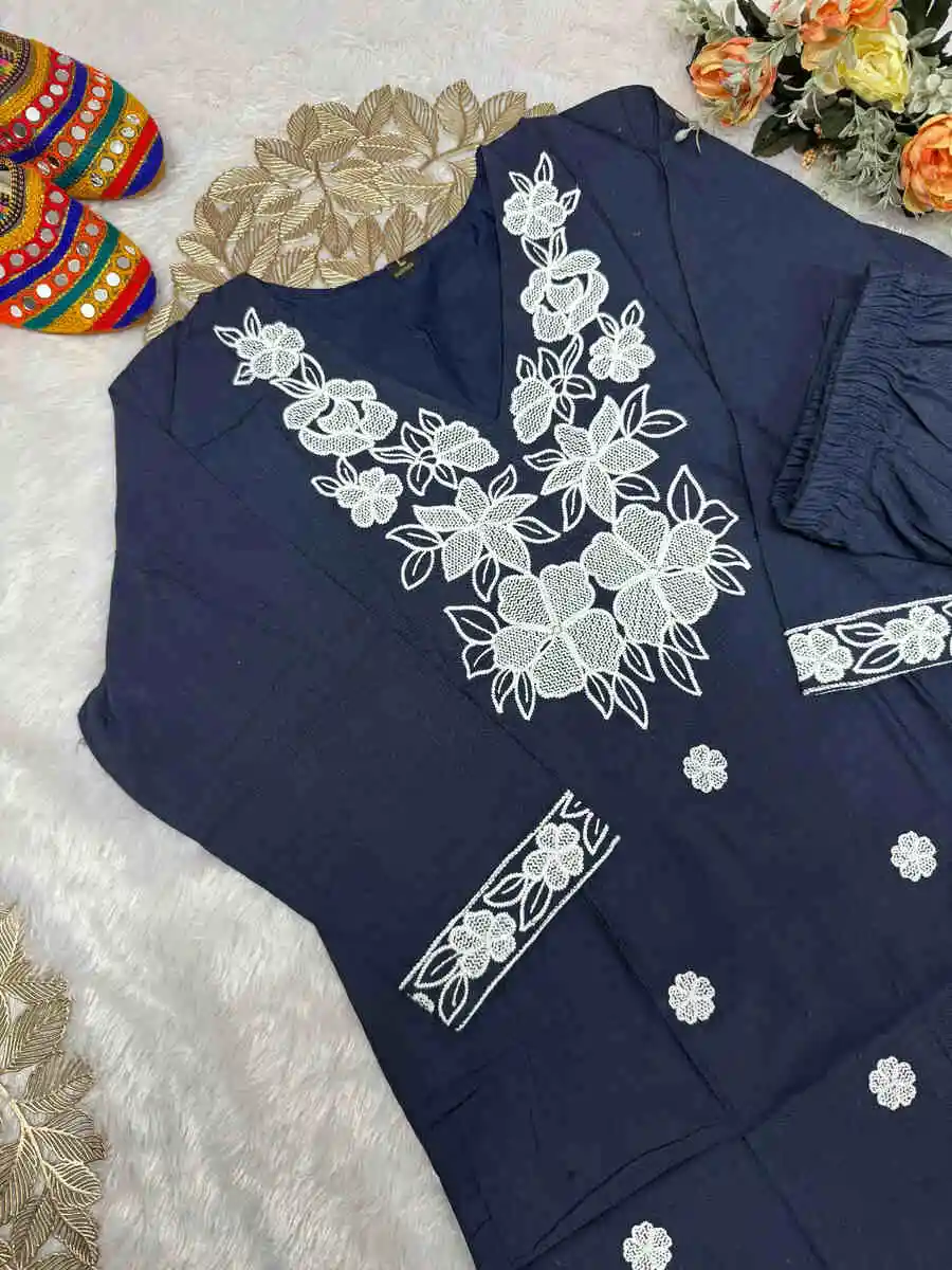 FANCY KHADI COTTON EMBROIDERY WORK TOP BOTTOM SET OFFICE WEAR WHOLESALE PRICE ETHNIC GARMENT (4)
