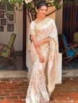 FANCY LICHI SILK BANARASI WEAVING WORK SAREE WITH UNSTITCHED BLOUSE CREAM