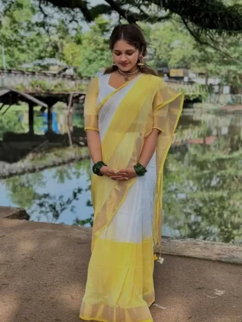 FANCY LINEN GOLDEN BORDER WORK SAREE WITH UNSTITCHED BLOUSE YELLOW
