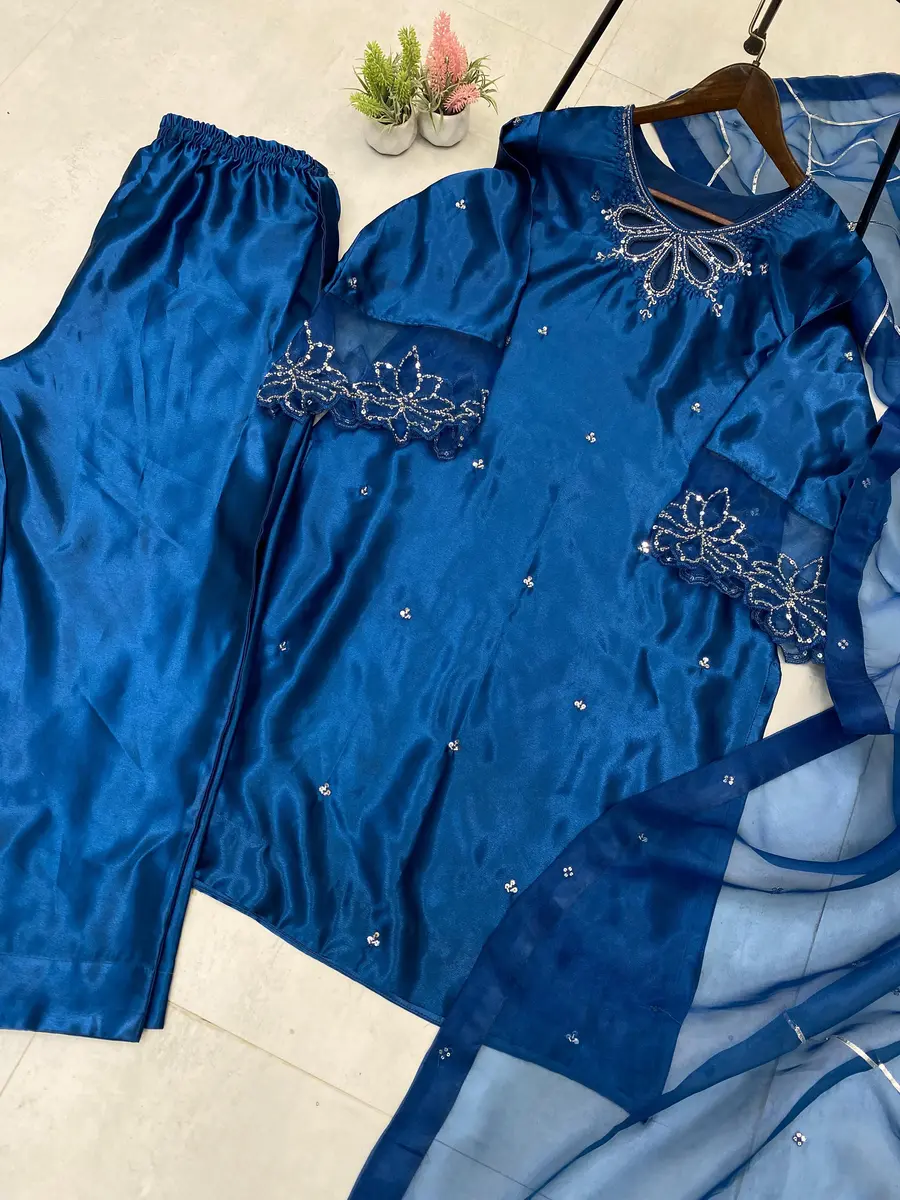 FANCY MOSS SATIN EMBROIDERY WITH BEADS AND SEQUENCE WORK TOP BOTTOM WITH DUPATTA FESTIVE WEAR WHOLESALE PRICE ETHNIC GARMENT (10)