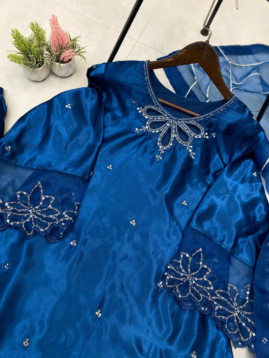 FANCY MOSS SATIN EMBROIDERY WITH BEADS AND SEQUENCE WORK TOP BOTTOM WITH DUPATTA FESTIVE WEAR WHOLESALE PRICE ETHNIC GARMENT (11)