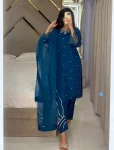 FANCY MOSS SATIN EMBROIDERY WITH BEADS AND SEQUENCE WORK TOP BOTTOM WITH DUPATTA BLUE