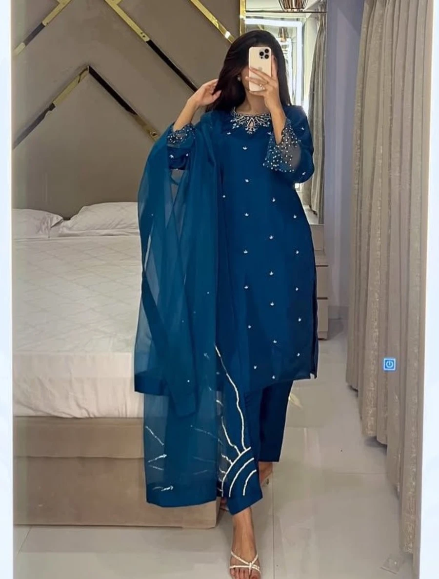 FANCY MOSS SATIN EMBROIDERY WITH BEADS AND SEQUENCE WORK TOP BOTTOM WITH DUPATTA FESTIVE WEAR WHOLESALE PRICE ETHNIC GARMENT (7)