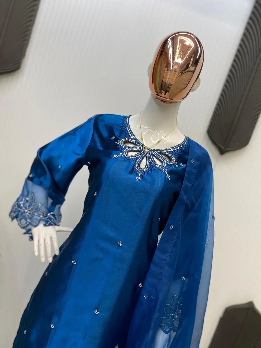 FANCY MOSS SATIN EMBROIDERY WITH BEADS AND SEQUENCE WORK TOP BOTTOM WITH DUPATTA FESTIVE WEAR WHOLESALE PRICE ETHNIC GARMENT (9)