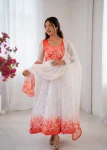 FANCY ORGANZA TABBY SILK DIGITAL PRINT WORK ANARKALI GOWN BOTTOM WITH DUPATTA WHITE AND GAJARI