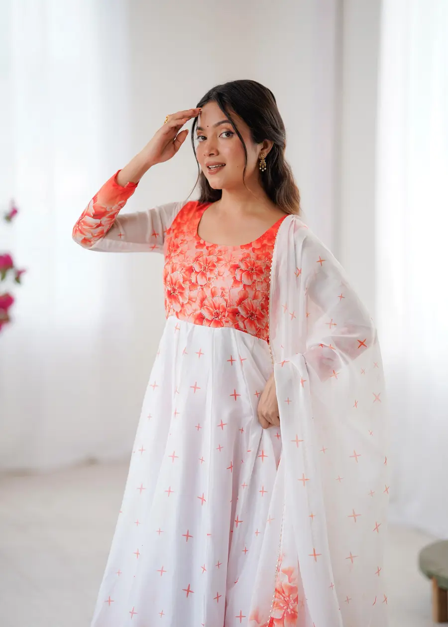 FANCY ORGANZA TABBY SILK DIGITAL PRINT WORK ANARKALI GOWN BOTTOM WITH DUPATTA FESTIVE WEAR WHOLESALE PRICE ETHNIC GARMENT (9)