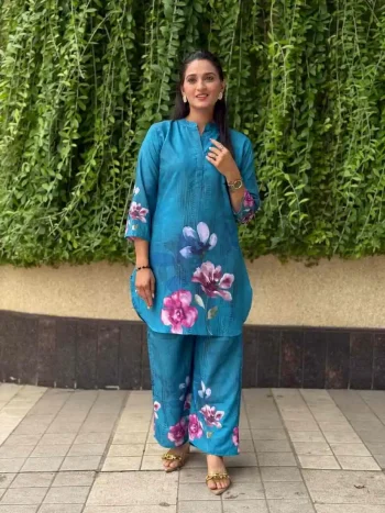 FANCY POLY RAYON DIGITAL PRINT WORK CO-ORD SET TEAL