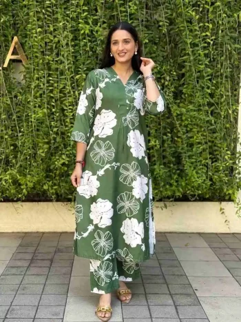 FANCY POLY RAYON DIGITAL PRINT WORK CO-ORD SET GREEN