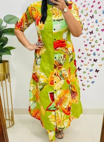FANCY RAYON COTTON DIGITAL PRINT WORK CO-ORD SET  PARROT GREEN