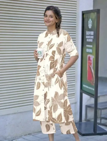 FANCY RAYON DIGITAL PRINT WORK CO-ORD SET CREAM