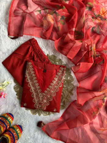 FANCY RAYON EMBROIDERY WITH COTTON THREAD WORK TOP BOTTOM WITH DUPATTA ORANGE