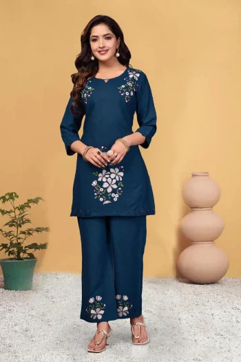 FANCY RAYON MULTI EMBROIDERY THREAD WORK CO-ORD SET BLUE