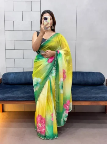 FANCY TABBY ORGANZA FLORAL PRINT HAND KHATALI WORK CUT DANA & MOTI & SEQUENCE BORDER WORK SAREE WITH UNSTITCHED BLOUSE GREEN AND YELLOW