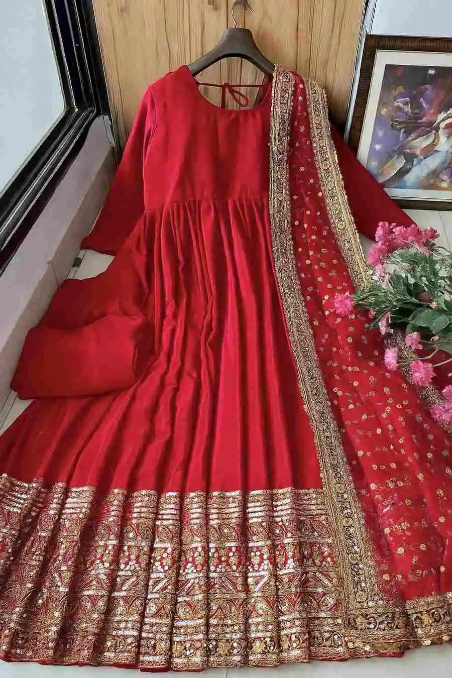 FASHIONABLE CHINON SILK SEQUENCE EMBROIDERY WORK GOWN BOTTOM WITH DUPATTA FESTIVE WEAR WHOLESALE PRICFE ETHNIC GARMENT (1)