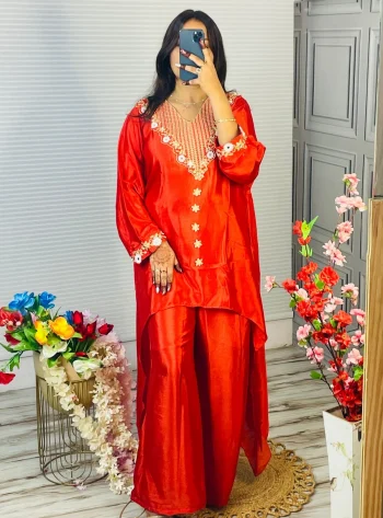 MODERN CHINON CORDED EMBROIDERY WORK CO-ORD SET RED