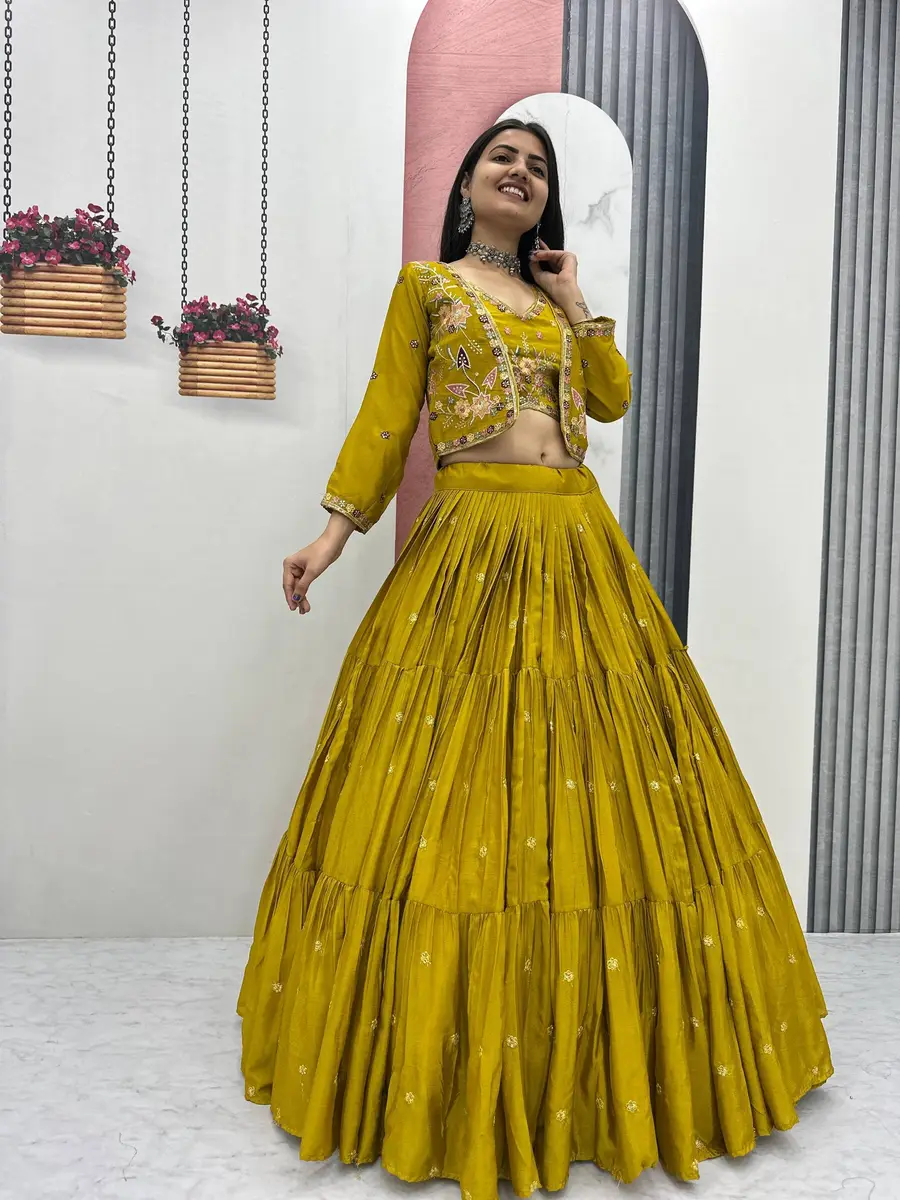 MODERN CHINON EMBROIDERY THREAD AND SEQUENCE WORK LEHENGA CHOLI WITH KOTI PARTY WEAR WHOLESALE PRICE ETHNIC GARMENT (14)