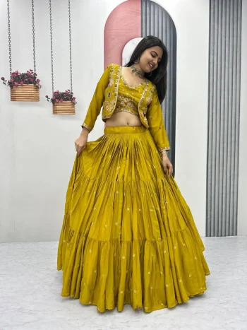 MODERN CHINON EMBROIDERY THREAD AND SEQUENCE WORK LEHENGA CHOLI WITH KOTI YELLOW