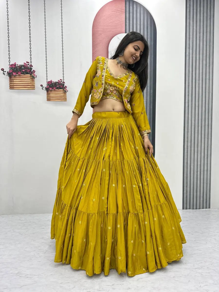 MODERN CHINON EMBROIDERY THREAD AND SEQUENCE WORK LEHENGA CHOLI WITH KOTI PARTY WEAR WHOLESALE PRICE ETHNIC GARMENT (15)