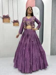 MODERN CHINON EMBROIDERY THREAD AND SEQUENCE WORK LEHENGA CHOLI WITH KOTI PURPLE