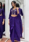 MODERN CHINON SILK EMBROIDERY SEQUENCE CODING WORK DRAPE SKIRT WITH BLOUSE PURPLE
