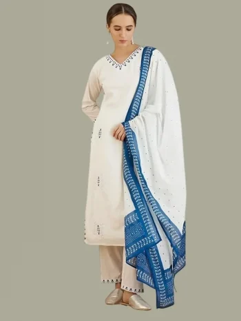 MODERN COTTON EMBROIDERY SEQUENCE WORK TOP BOTTOM WITH DUPATTA BLUE