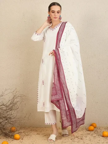 MODERN COTTON EMBROIDERY SEQUENCE WORK TOP BOTTOM WITH DUPATTA MAROON