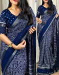 MODERN DOLA SILK ZARI WEAVING AND SEQUENCE WORK BORDER AND KALAMKARI PRINT WORK SAREE WITH UNSTITCHED BLOUSE NAVY BLUE