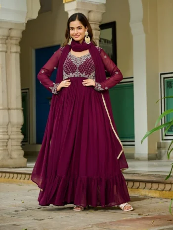 MODERN FAUX BLOOMING BEADS EMBROIDERY-WORK GOWN WITH DUPATTA WINE