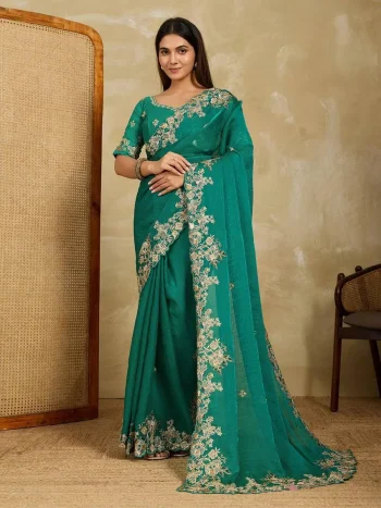 MODERN FENDY CHIFFON EMBROIDERY CUTWORK WORK AARC BORDER WORK SAREE WITH UNSTITCHED BLOUSE GREEN