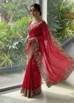 MODERN FENDY CHIFFON EMBROIDERY CUTWORK WORK AARC BORDER WORK SAREE WITH UNSTITCHED BLOUSE RANI
