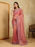 MODERN FENDY SOFT NET SWAROVSKI WITH CUT WORK SAREE WITH UNSTITCHED BLOUSE PEACH