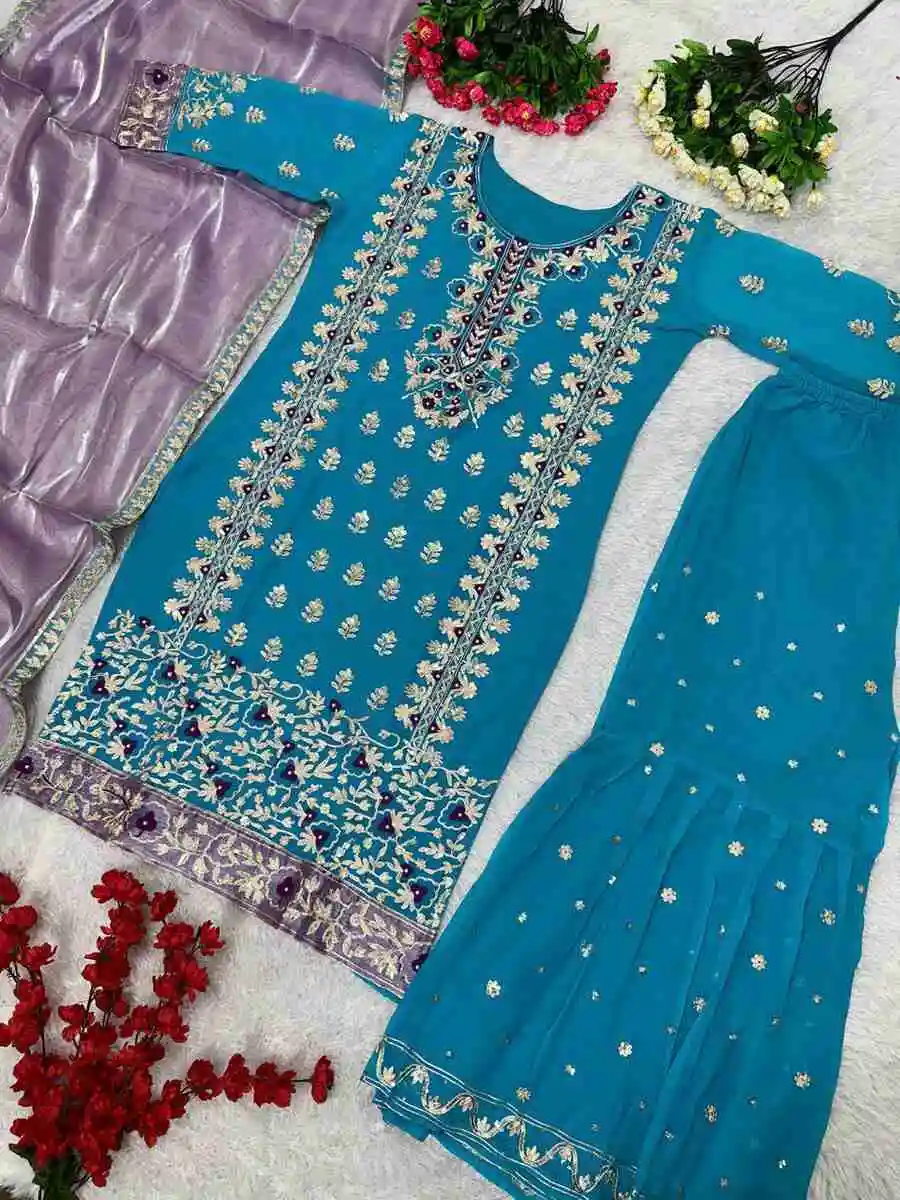 MODERN GEORGETTE CHAIN SEQUENCE WITH PERAL HAND WORK TOP SHARARA WITH DUPATTA FESTIVE WEAR WHOLESALE PRICE ETHNIC GARMENT (1)