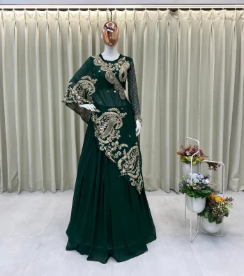 MODERN GEORGETTE DIGITAL PRINTED WITH CODING SEQUENCE EMBROIDERY WORK LEHENGA CHOLI WITH SHRUG GREEN