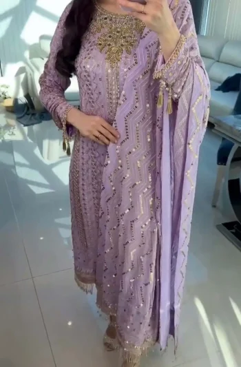 MODERN GEORGETTE EMBROIDERY SEQUENCE WORK WITH PEARL MOTI & REAL MIRROR HAND WORK TOP BOTTOM WITH DUPATTA LAVENDER