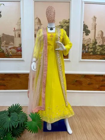 MODERN GEORGETTE EMBROIDERY WORK WITH CRYSTAL DIAMOND WORK GOWN KOTI WITH DUPATTA LEMON