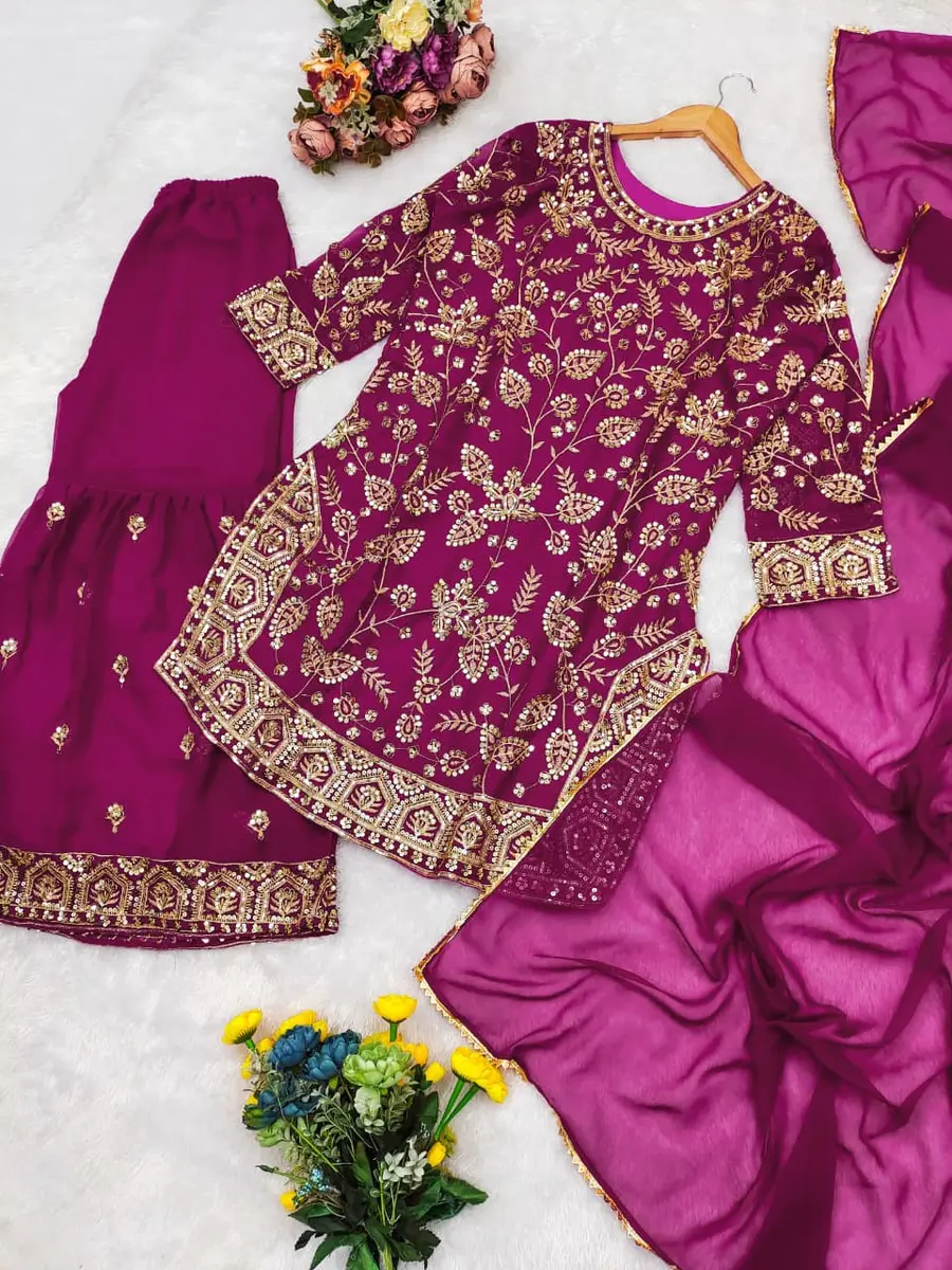 MODERN GEORGETTE MULTI-THREAD EMBROIDERY + SEQUENCE WORK TOP SHARARA WITH DUPATTA FESTIVE WEAR WHOLESALE PRICE ETHNIC GARMENT (13)