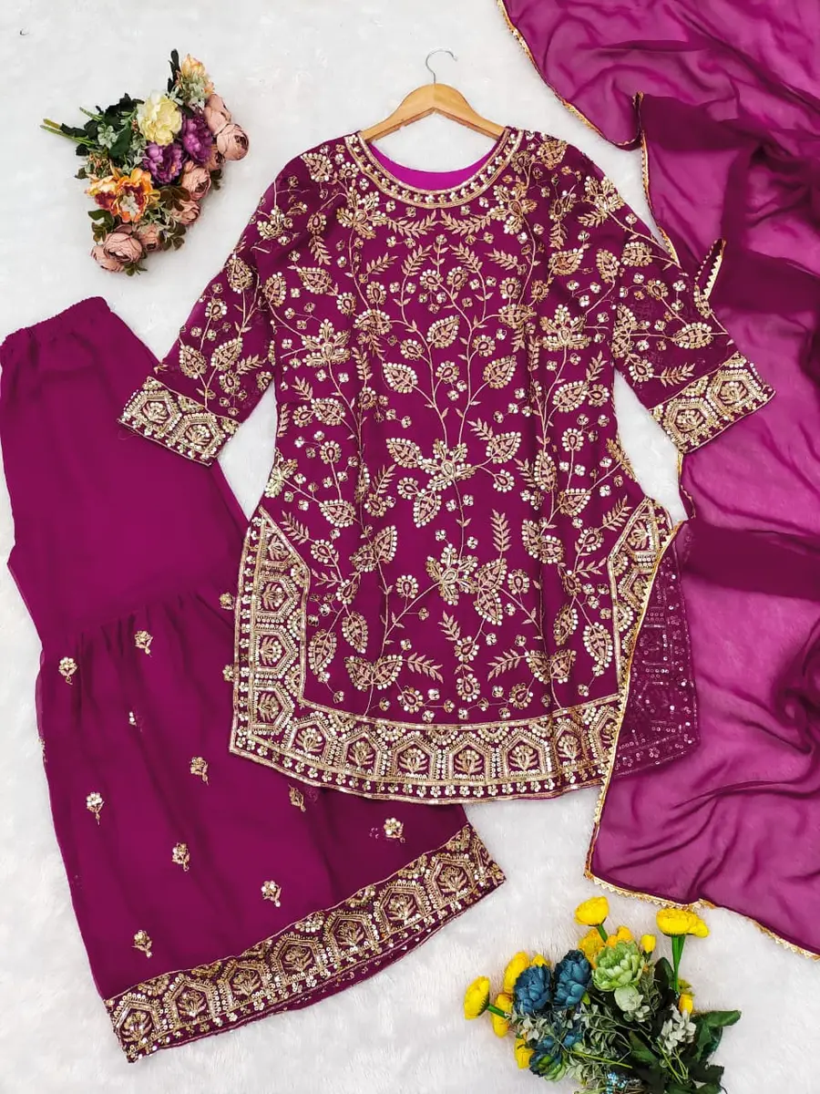 MODERN GEORGETTE MULTI-THREAD EMBROIDERY + SEQUENCE WORK TOP SHARARA WITH DUPATTA FESTIVE WEAR WHOLESALE PRICE ETHNIC GARMENT (16)