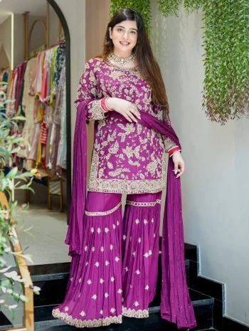 MODERN GEORGETTE MULTI-THREAD EMBROIDERY + SEQUENCE WORK TOP SHARARA WITH DUPATTA PURPLE