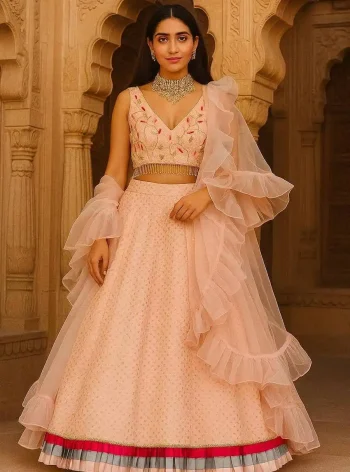 MODERN GEORGETTE SEQUENCE WORK AND FRILL BORDER WORK LEHENGA CHOLI WITH DUPATTA BABY PINK